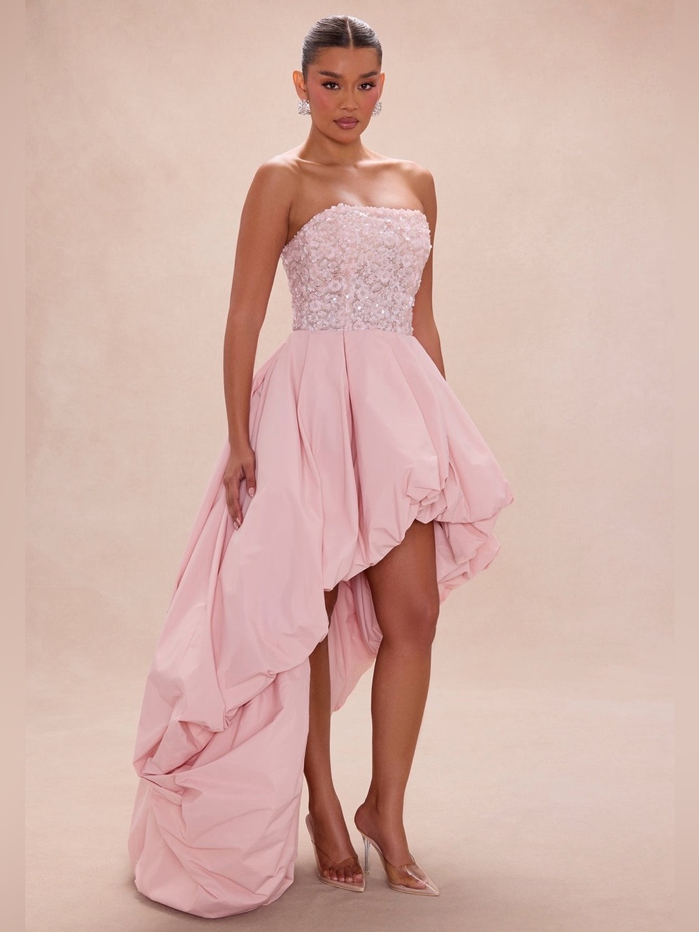 Fashion Nova Strapless Blush Pink High-Low Floral Bodice Dress